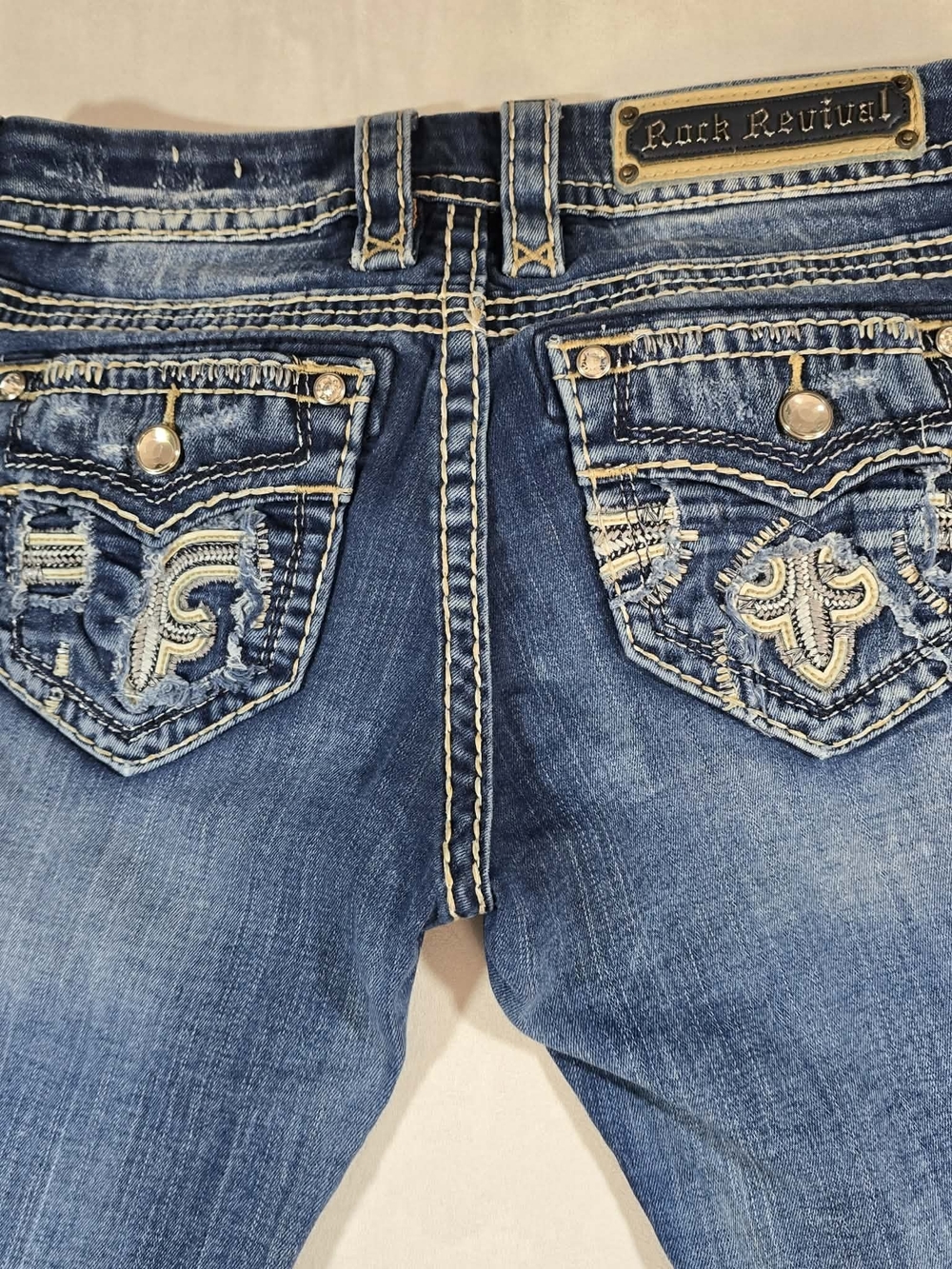 ​Rock Revival Carden Straight Jeans Size 26 Distressed Flap Pocket Rhinestone